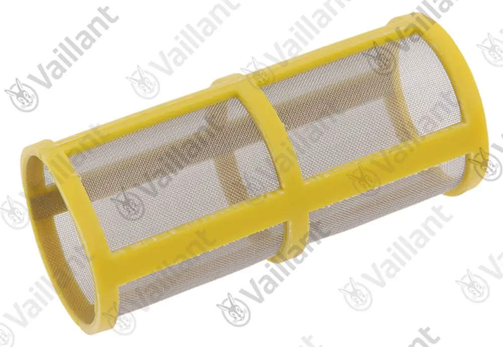 Vaillant Filter-Einsatz aus Metall mit gelbem Kunststoffrahmen, zylindrische Form, offen an beiden Enden, zum Einsatz in Befülleinrichtungen.